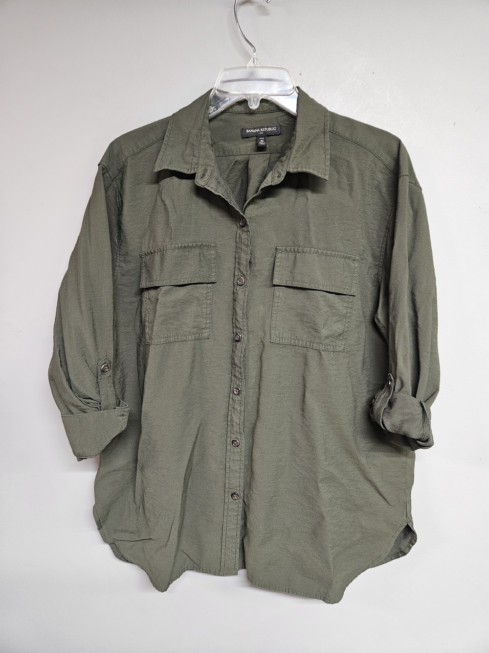 Banana Republic Women's Green Utility Shirt Button Down 3/4 Rolled Sleeves